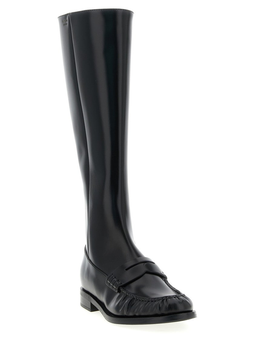 Prada Moccasin-Style High Boots In Brushed Calf Leather