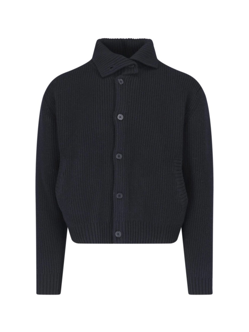 Tonywack Black Ribbed Asymmetrical Collar Merino Wool-Blend Cardigan