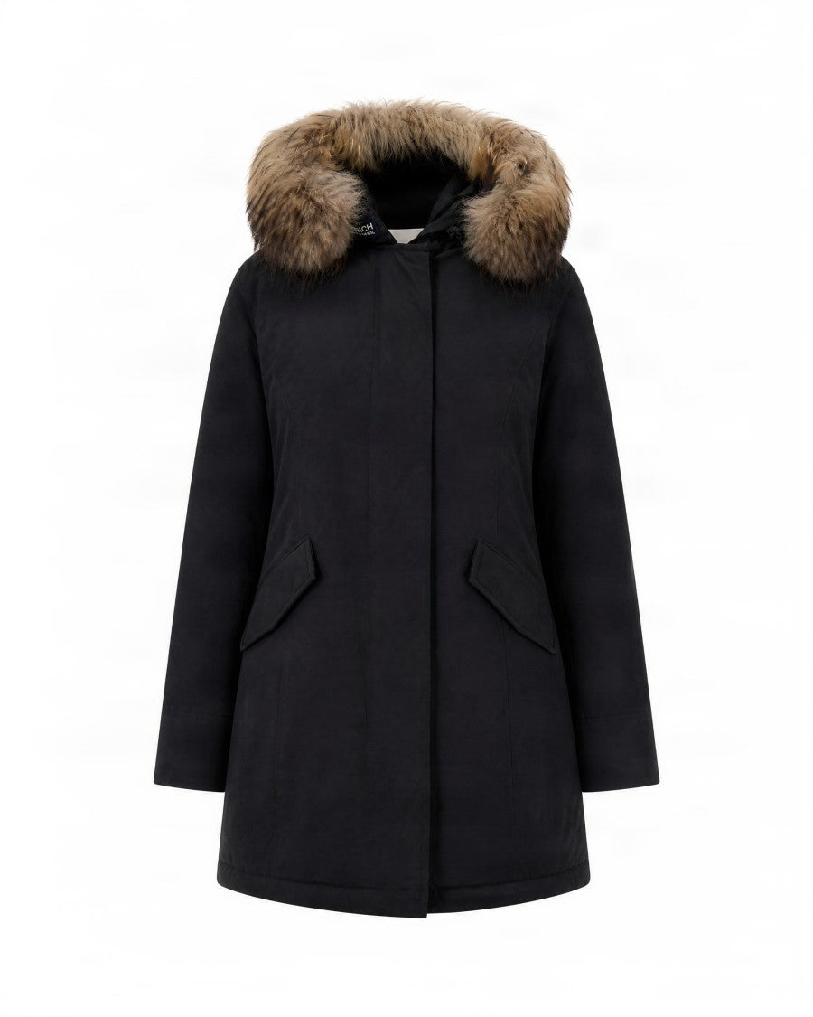 Woolrich Mid-Length Parka With Raccoon Fur Trim And Zip Closure