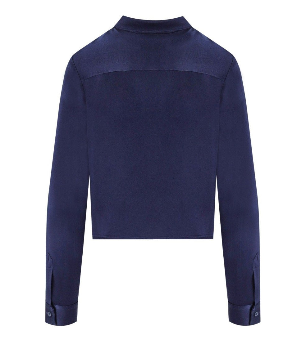 Cruna Cropped Navy Blue Satin Effect Shirt With Classic Collar