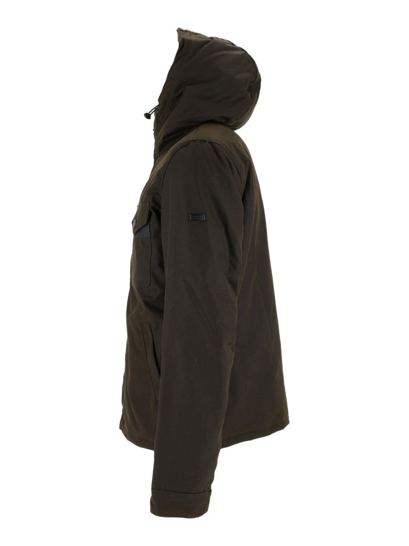 Barbour Brown Waxed Cotton Jacket With High Collar And Practical Design