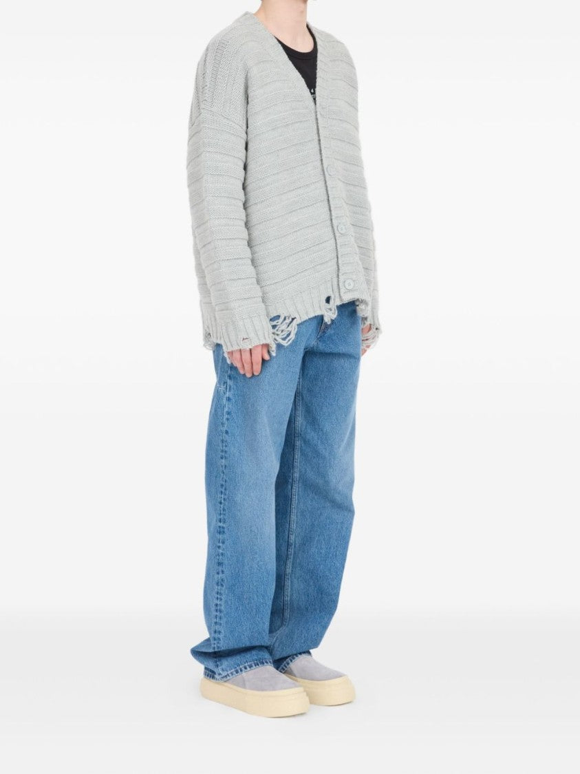 Mm6 By Maison Margiela Textured Ribbed Grey Cardigan With Button-Down Front