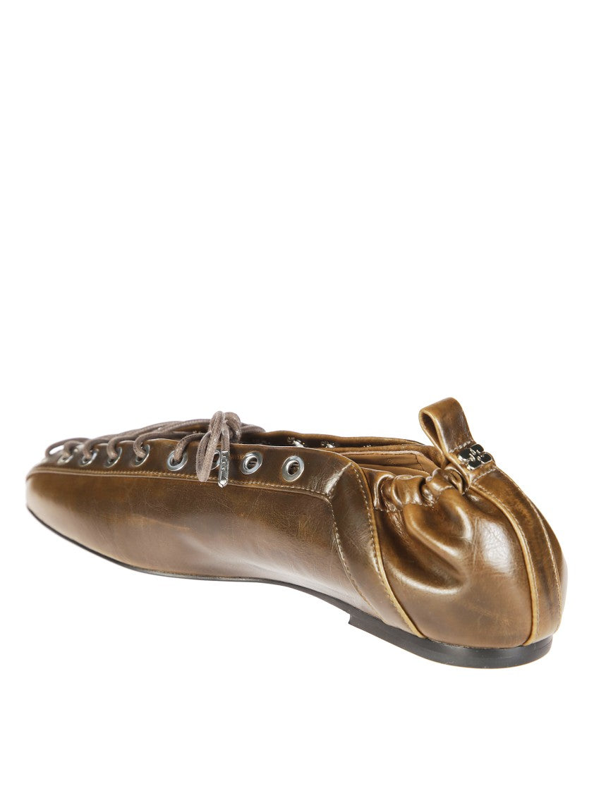 Ganni Eyelet Lace-Up Ballerina Flats With Gathered Back