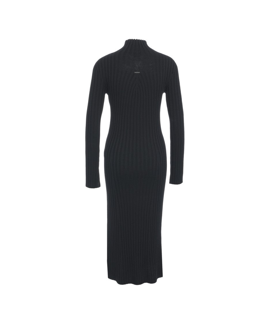 Alpha Tauri Fitted Black Maxi Dress With High Collar And Ribbed Knit Texture