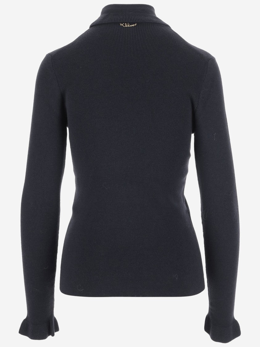 Chloé Wool And Cotton Turtleneck Pullover With Flounce Details