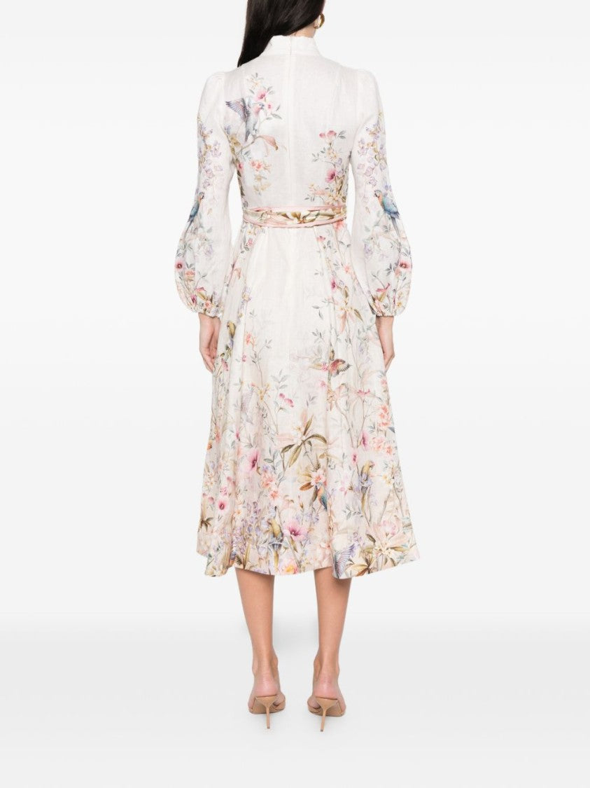 Zimmermann Floral Print Midi Dress With Puffed Sleeves