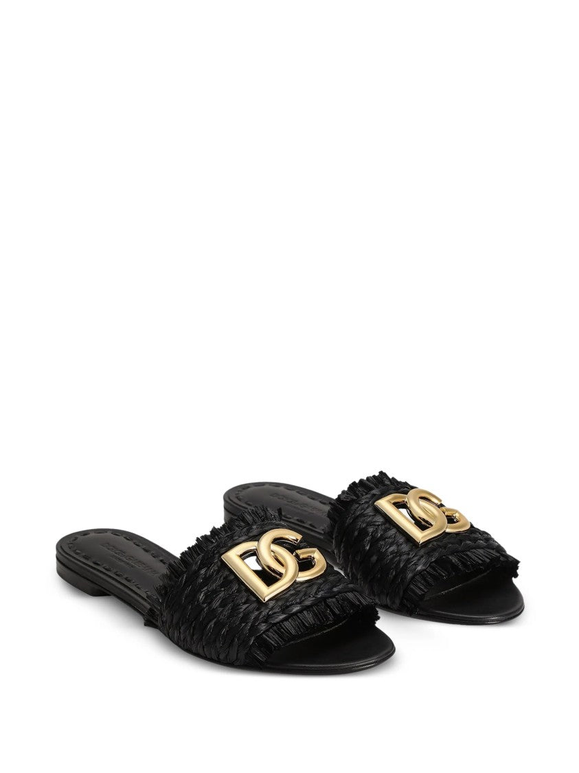 Dolce & Gabbana Black Woven Texture Gold Logo Sandals
