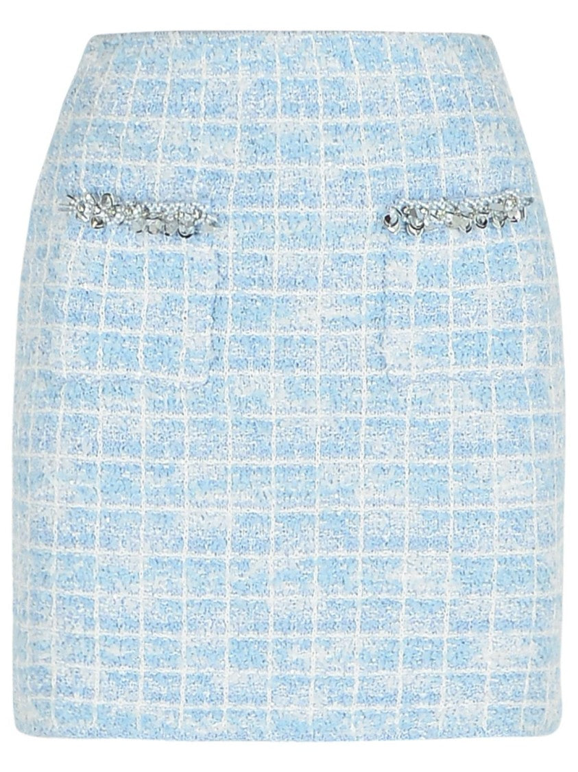 Self-Portrait Check Skirt In Light Blue Polyester Blend