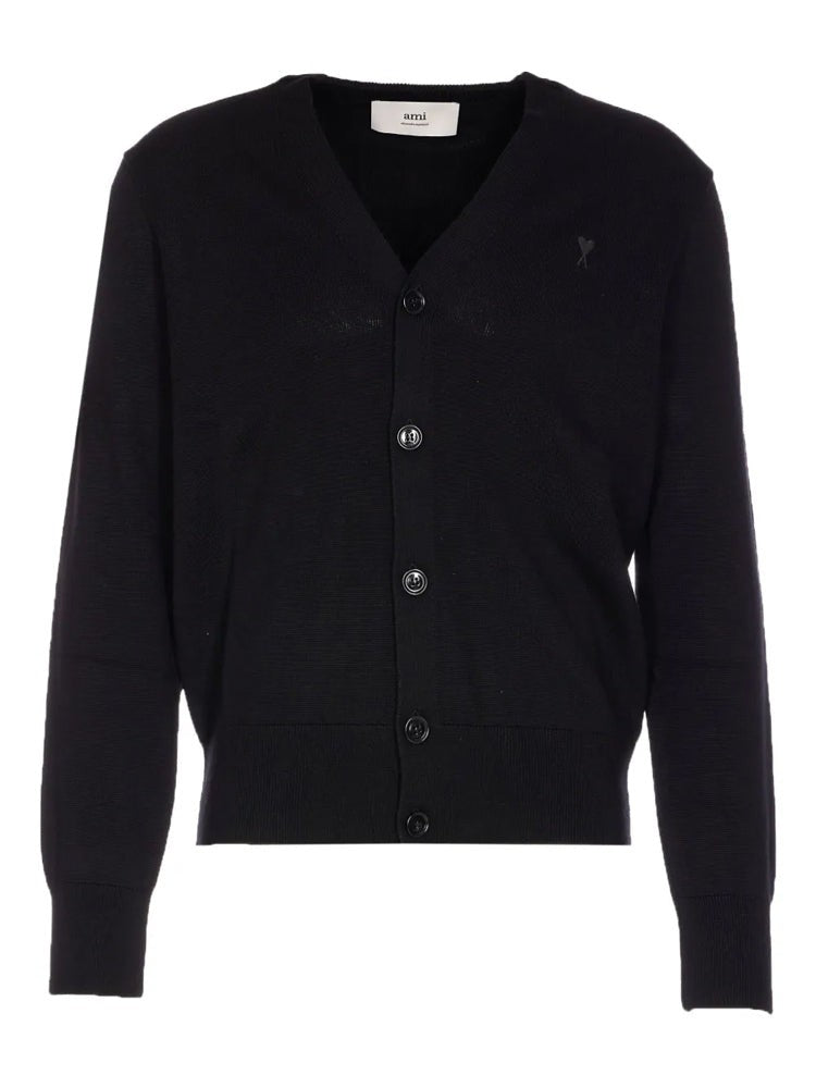Ami Paris Black V-Neck Embroidered Emblem Wool Cardigan