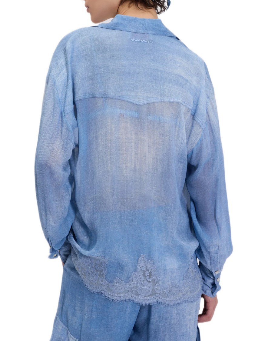 Ermanno Firenze Denim-Inspired Georgette Shirt With Lace Trim And Pearl Snap Buttons