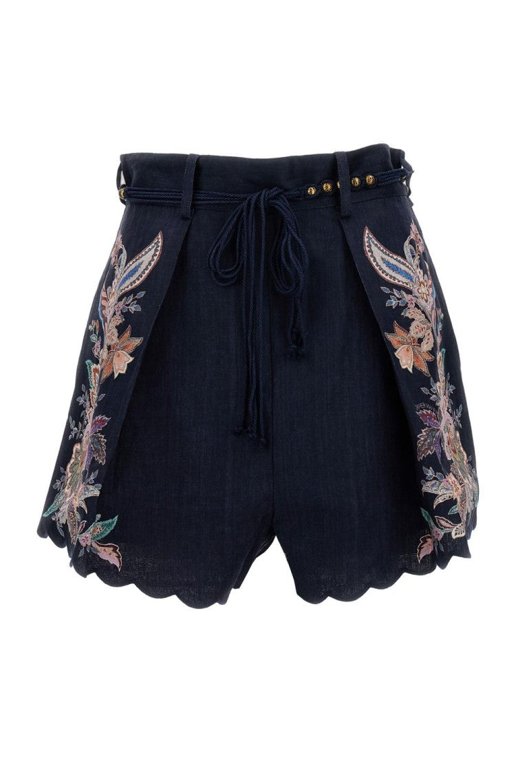 Zimmermann Pleated Floral-Print Shorts With Scalloped Hem And Rope Waist Belt