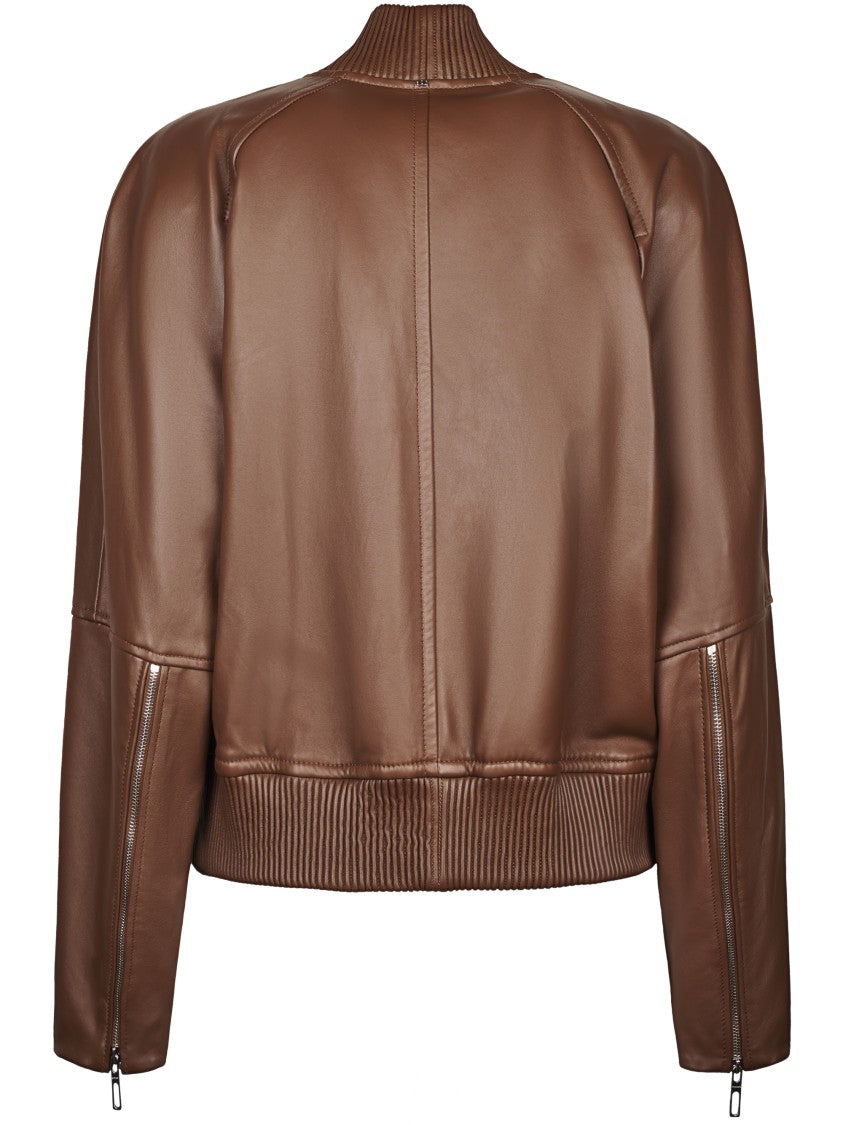 Sportmax Cropped Leather Jacket With Ribbed Details And Zippered Accents