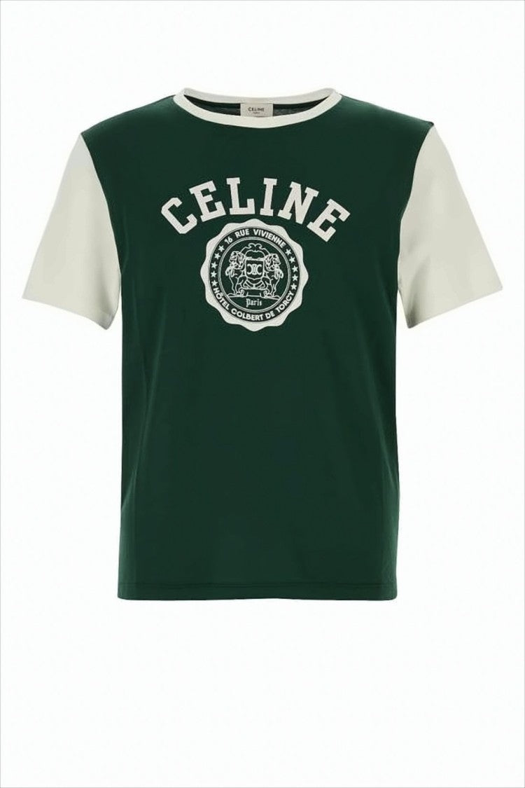 Celine Short-Sleeved Dark Green T-Shirt With Collegiate Logo
