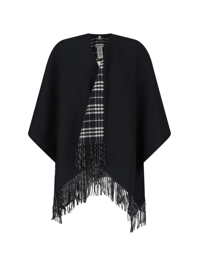 Burberry Black Reversible Check Wool Fringed Cape
