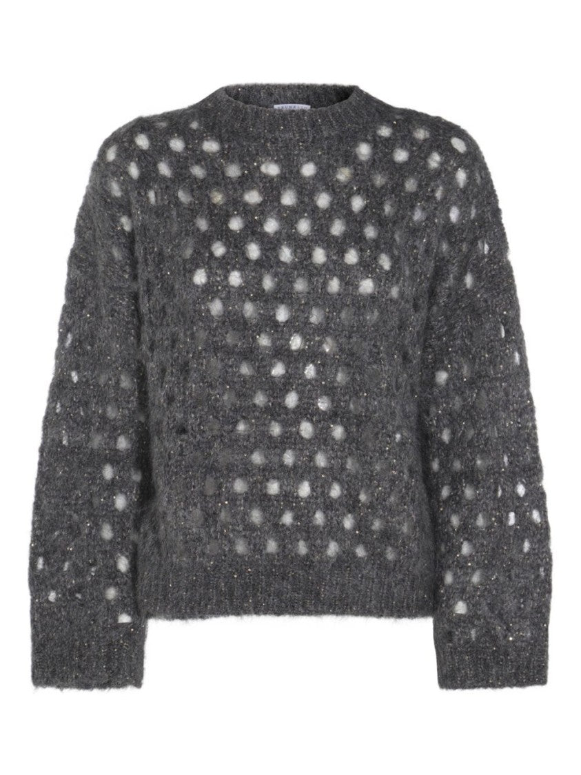 Brunello Cucinelli Open-Knit Grey Sweater With Metallic Threads