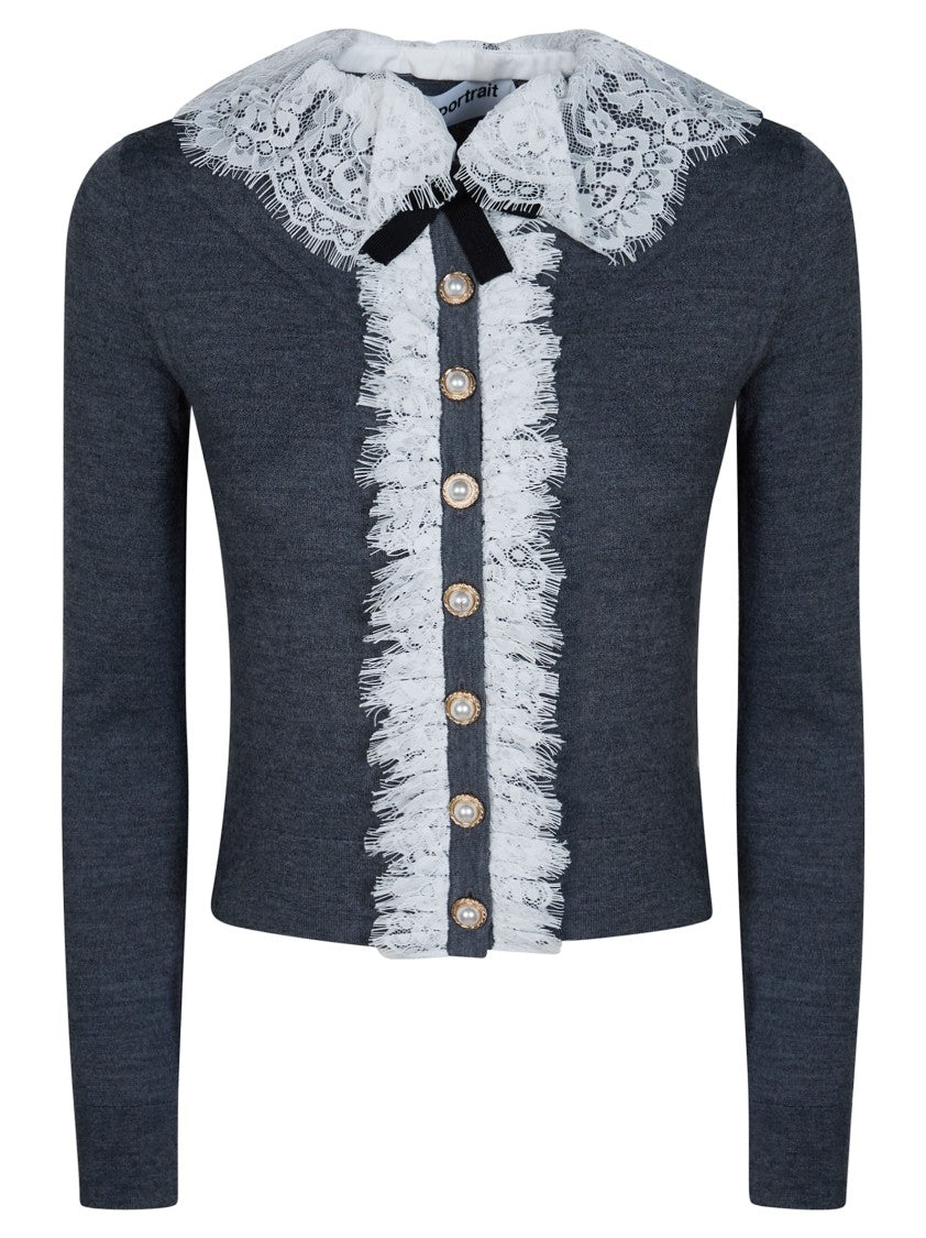 Self-Portrait Grey Lace Collar Knit Cardigan