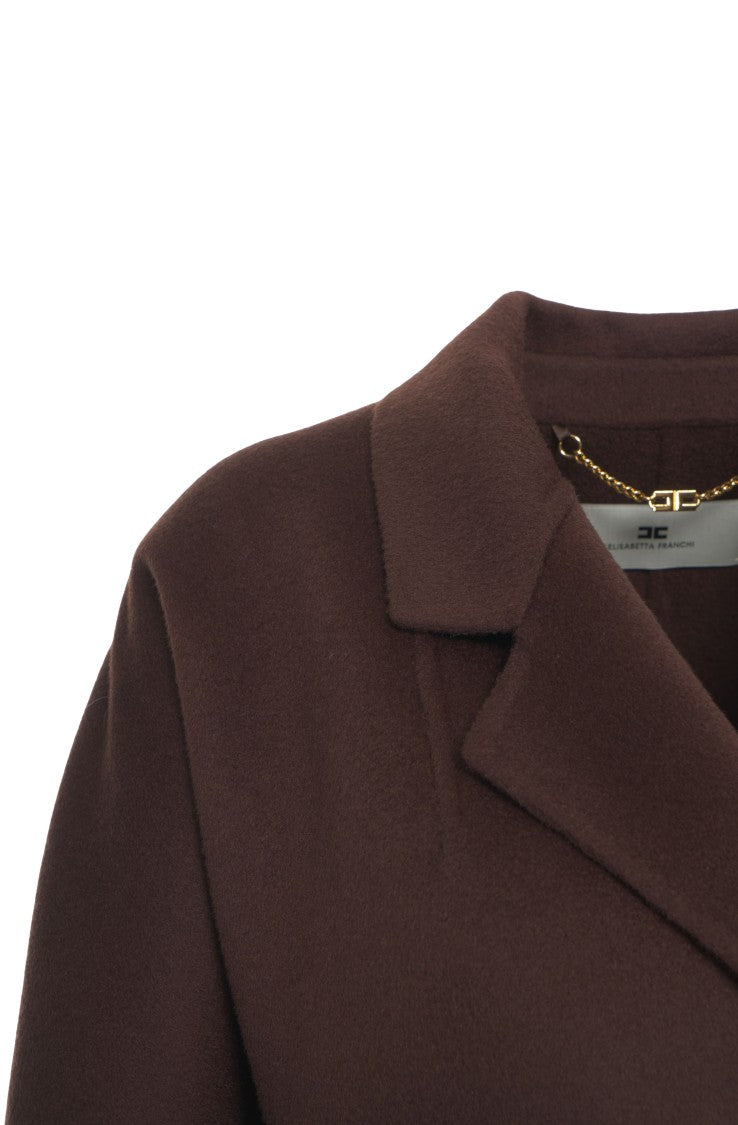 Elisabetta Franchi Brown Wool Long Coat With Classic Lapel