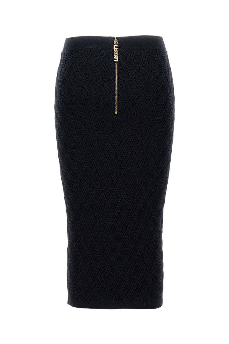 Elisabetta Franchi Fitted Midi Skirt With Textured Pattern And Gold Chain Detail