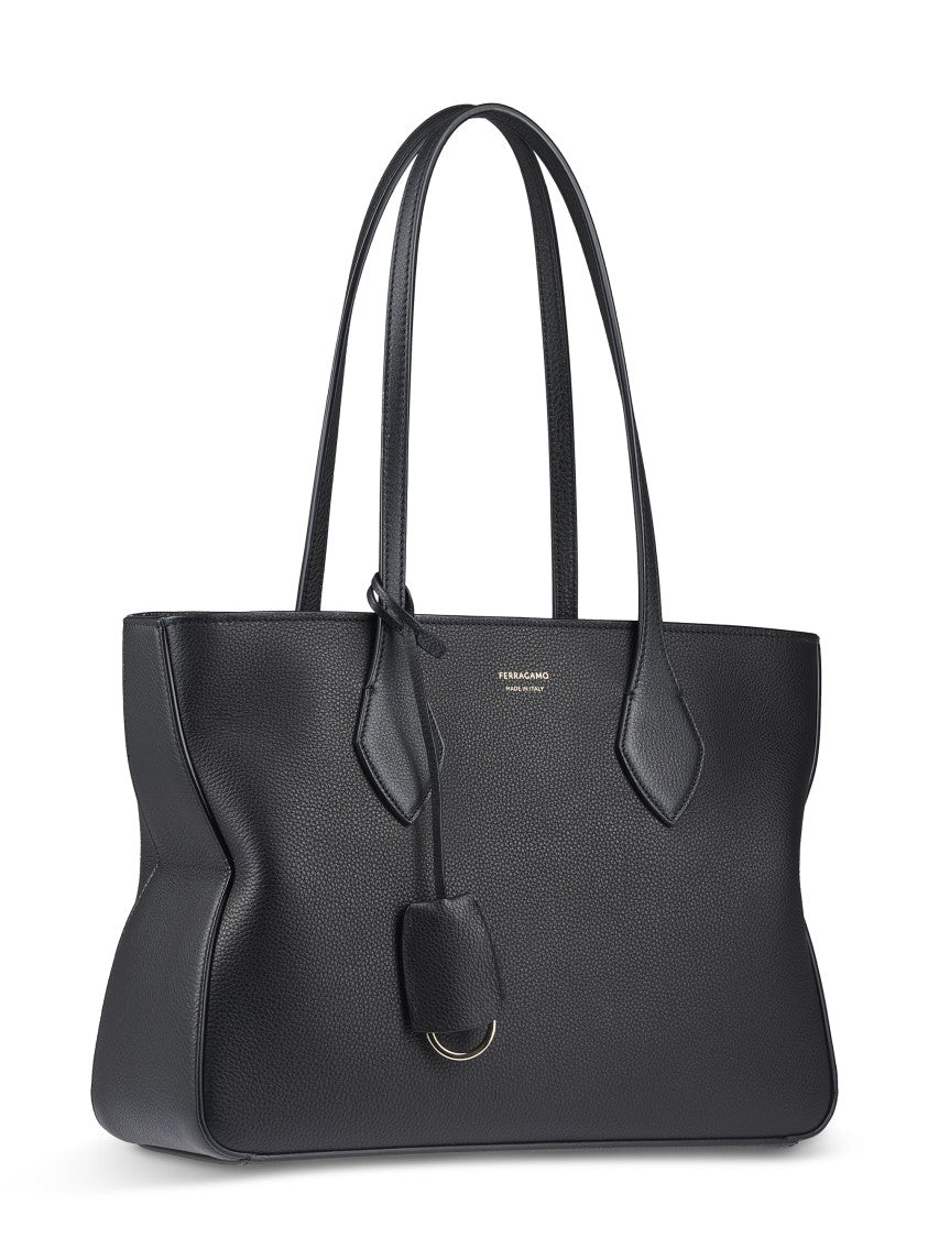 Ferragamo Structured Black Calfskin Handbag With Detachable Charm
