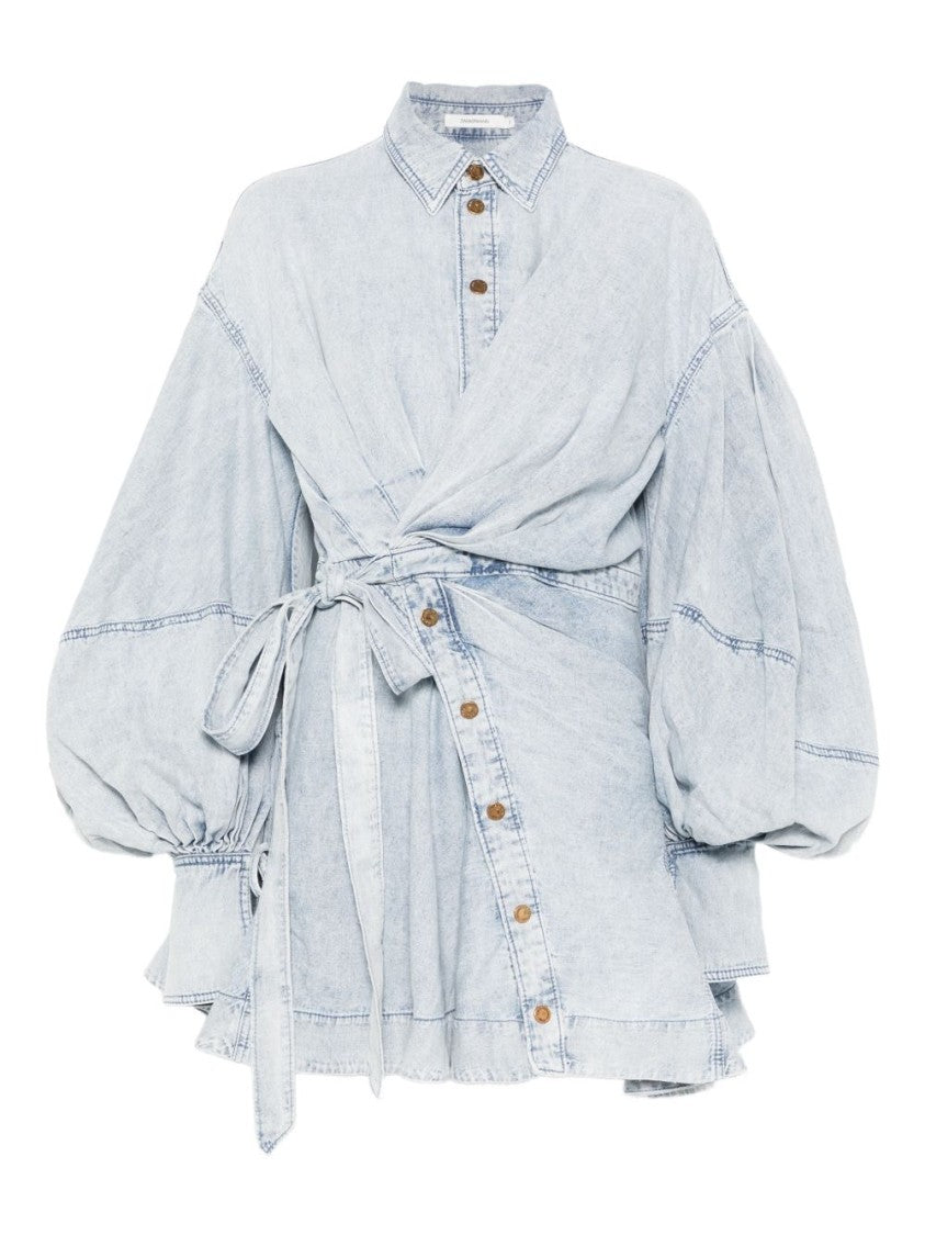 Zimmermann Clear Blue Mini Dress With Wrap-Around Design And Balloon Sleeves