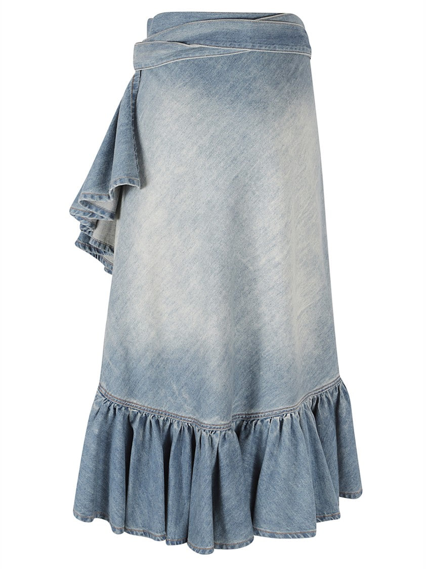 Alaïa Ankle-Length Ruffled Denim Skirt With Flared Cut