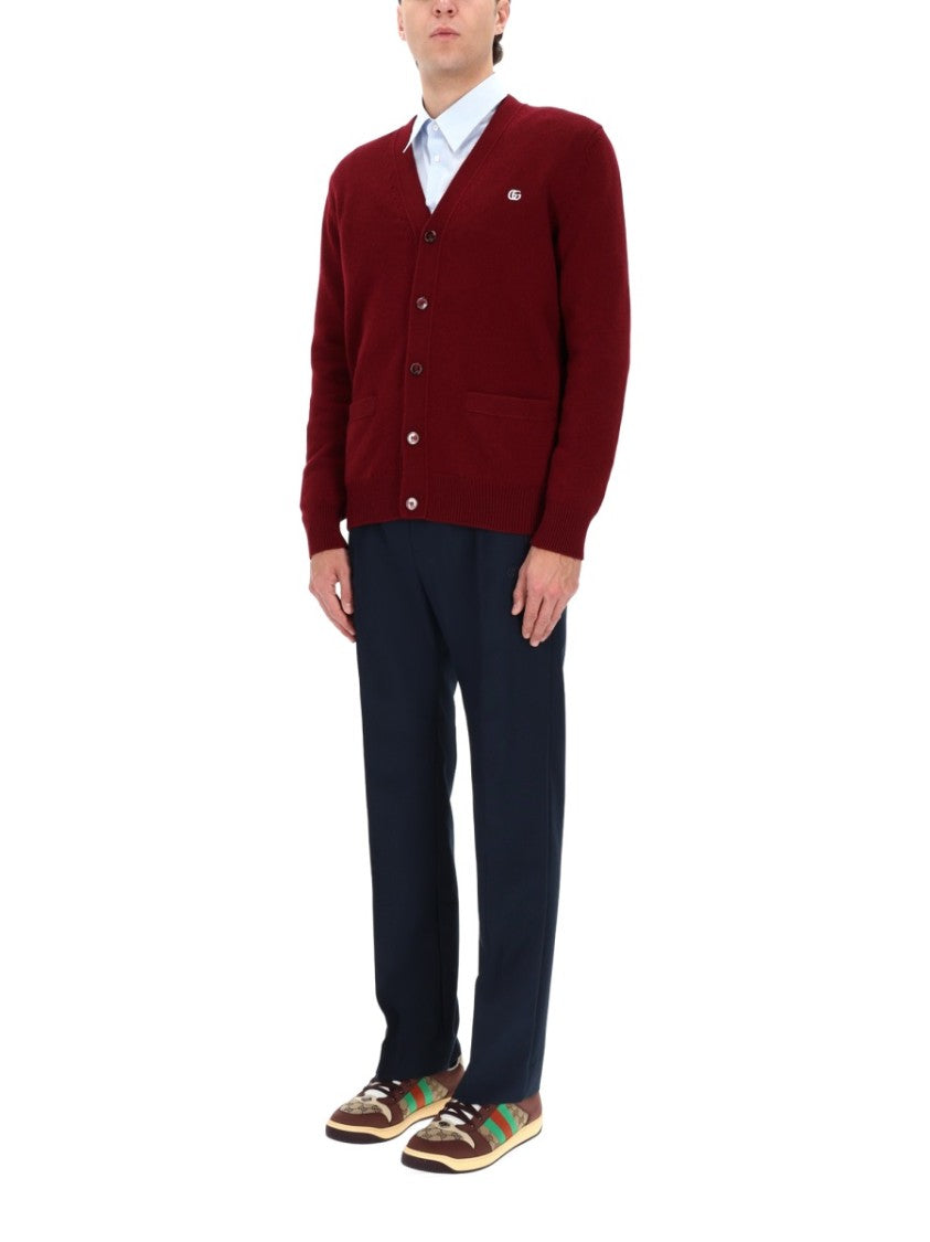 Gucci Burgundy Cardigan With Deep V-Neck And Embroidered Logo