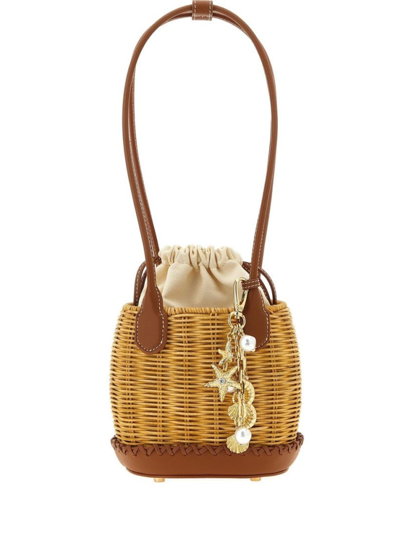 Self-Portrait Light Brown Woven Handbag With Drawstring Closure And Charm
