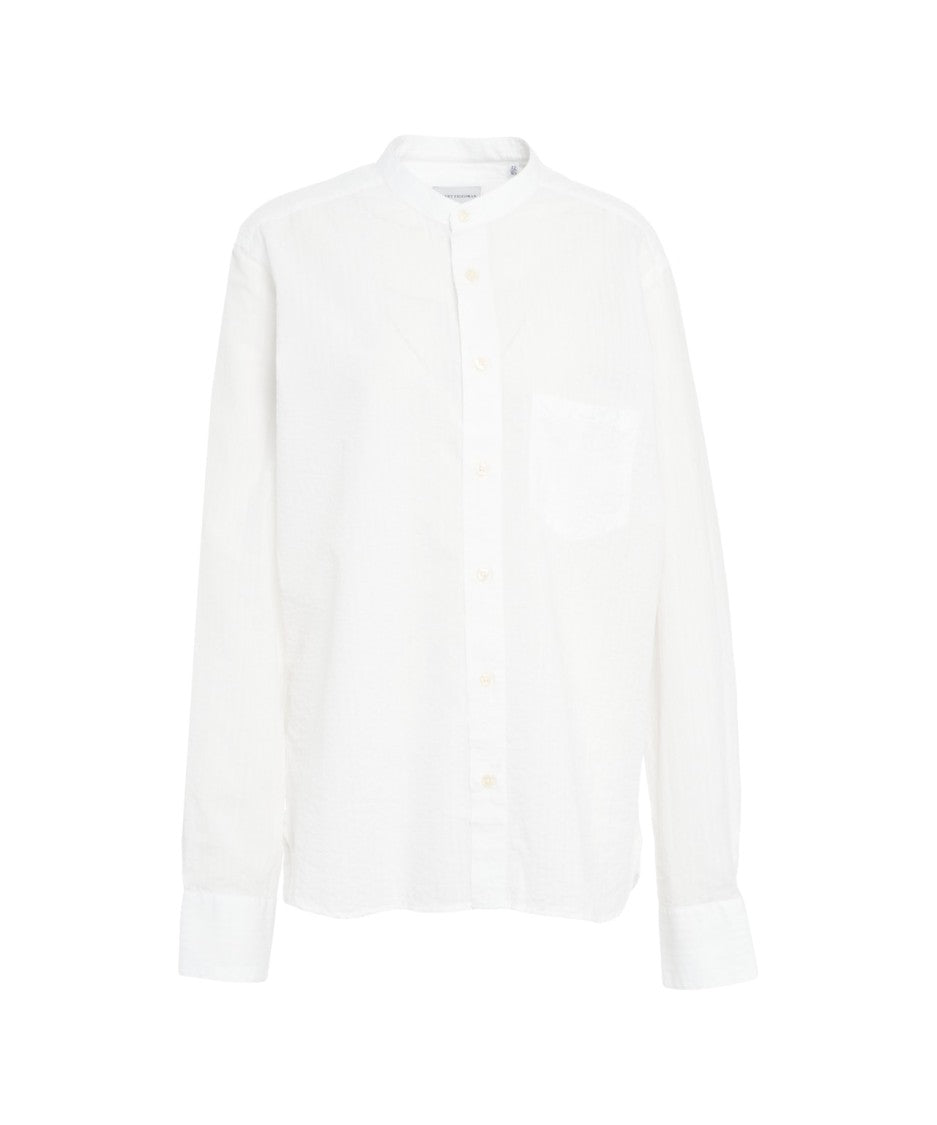 Robert Friedman Mandarin Collar Seersucker Shirt With Rounded Hem