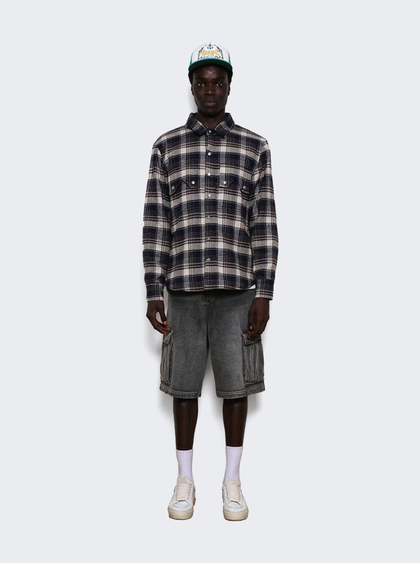 Rhude Flannel Long Sleeves Overshirt Dark Navy And Beige
