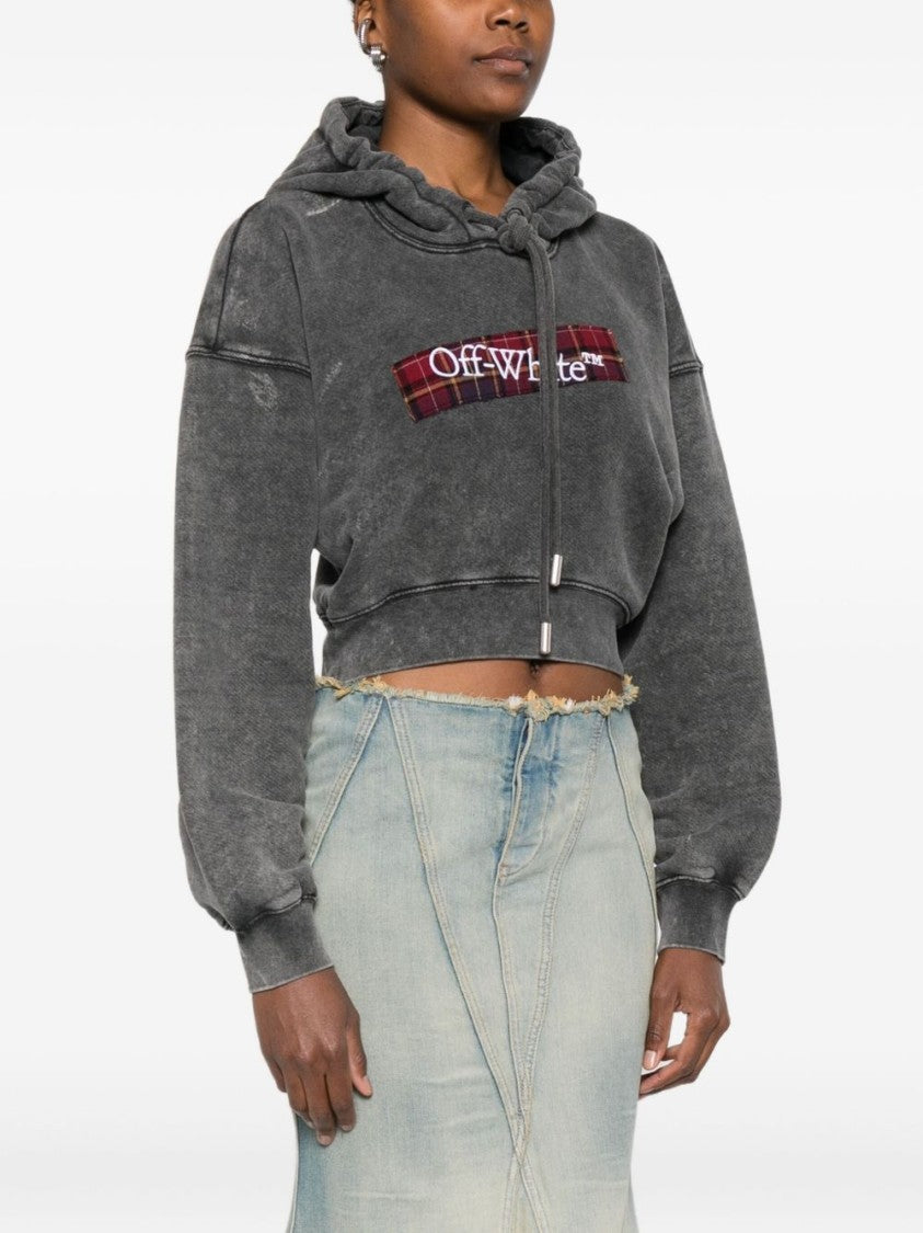 Off-White Cropped Black Hoodie With Red Tartan Patch