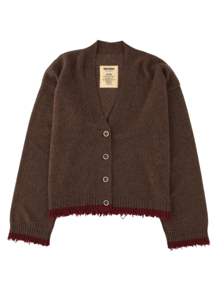 Uma Wang Brown Deep V-Neck Fringe Cashmere Cardigan