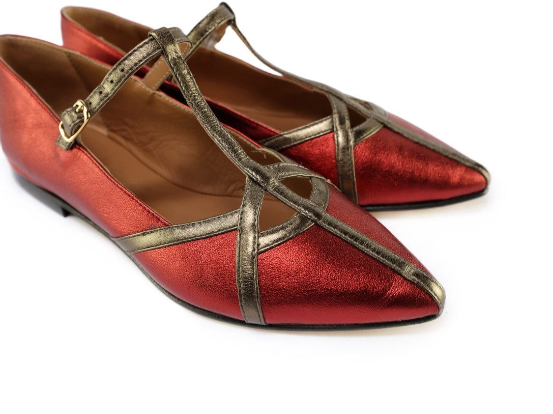 Ton Gout Pointed Toe Flats With Metallic Red Nappa Leather