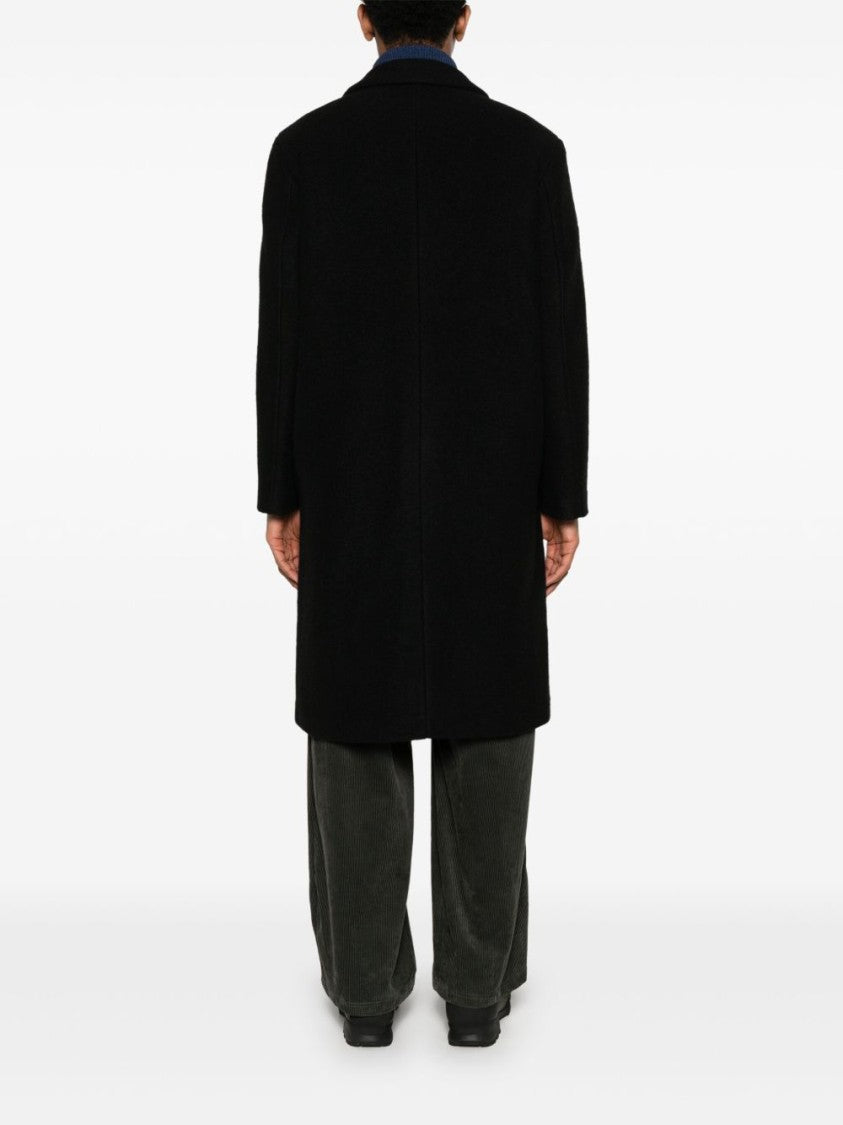 Amish Long Black Tailored Coat With Notched Lapel And Button Closure