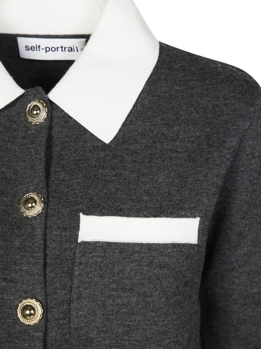 Self-Portrait Cropped Grey Knit Cardigan With Contrast Trim