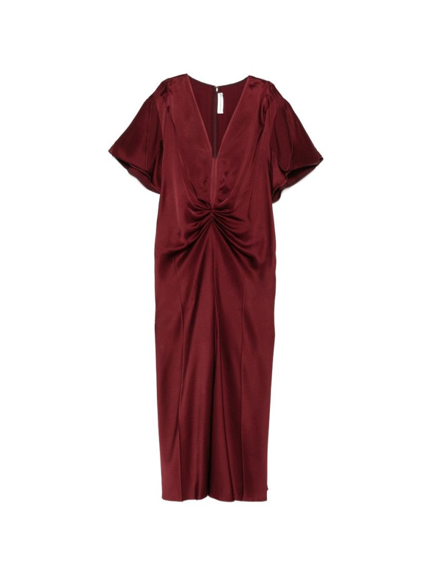 Victoria Beckham Gathered Detail Burgundy Red Midi Dress