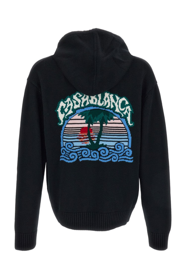 Casablanca Zip-Up Knit Hoodie With Jacquard Palm Tree Motif