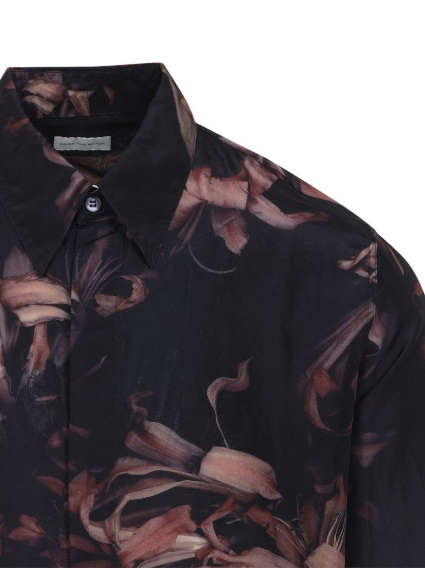 Dries Van Noten Black Silk Floral Print Button Shirt