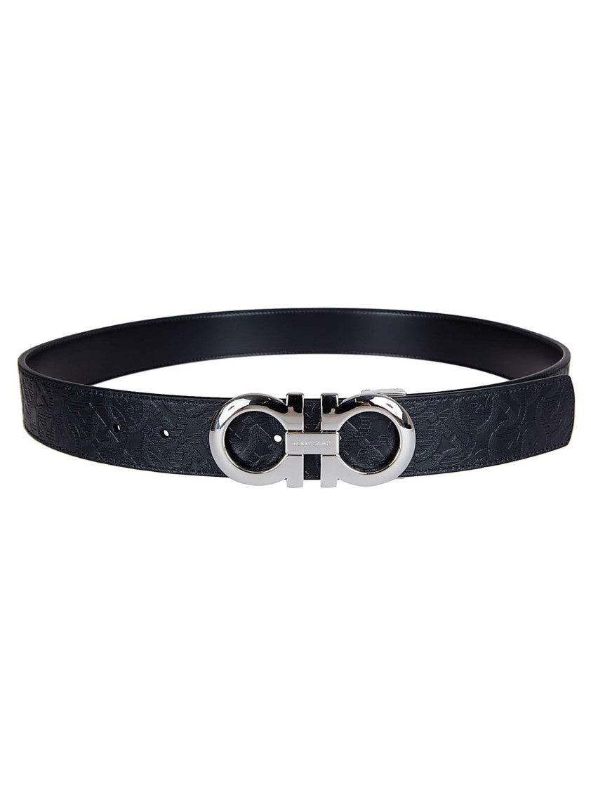 Ferragamo Embossed Black Leather Belt With Interlocking Buckle