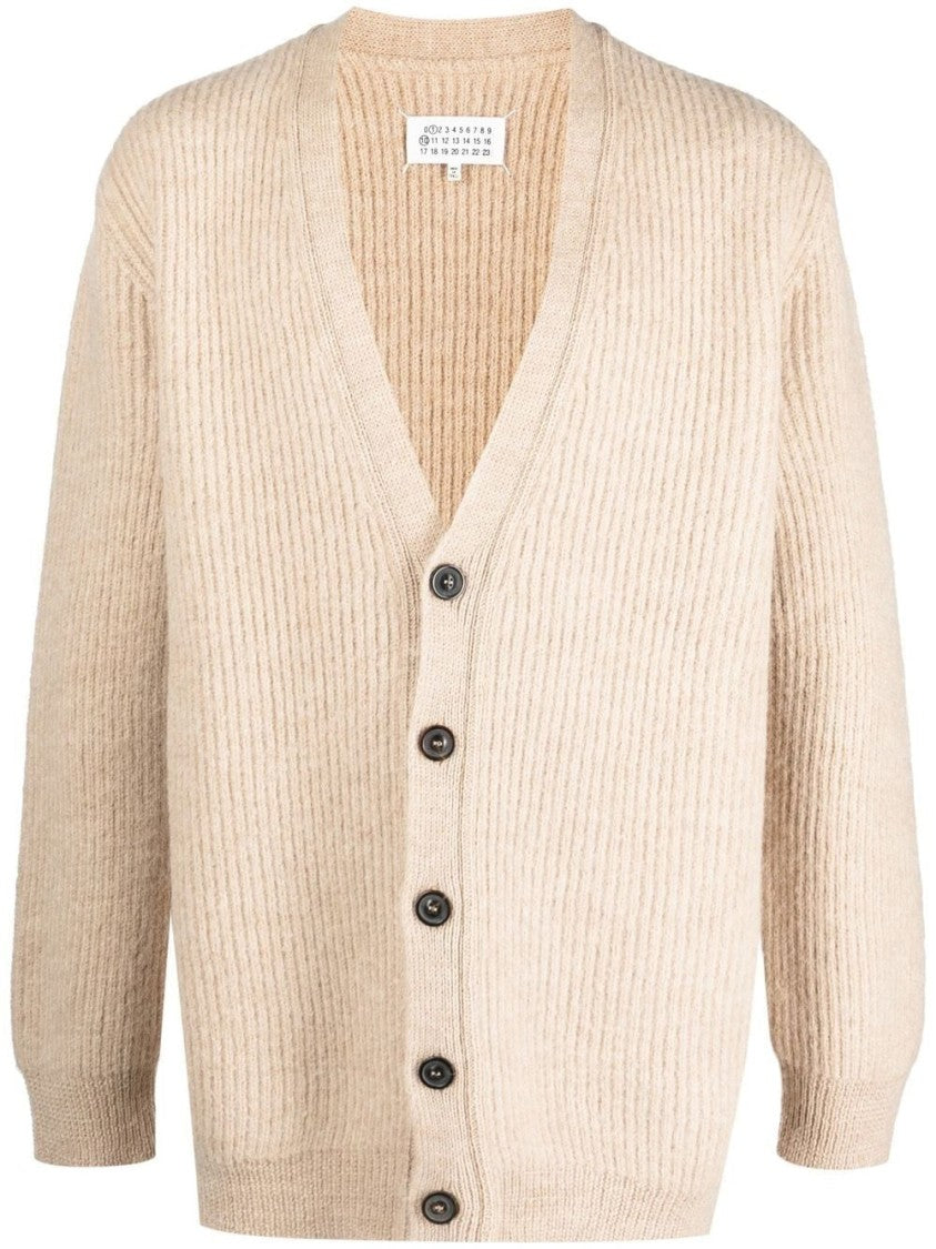 Maison Margiela Beige Ribbed Knit Cardigan With Deep V-Neckline