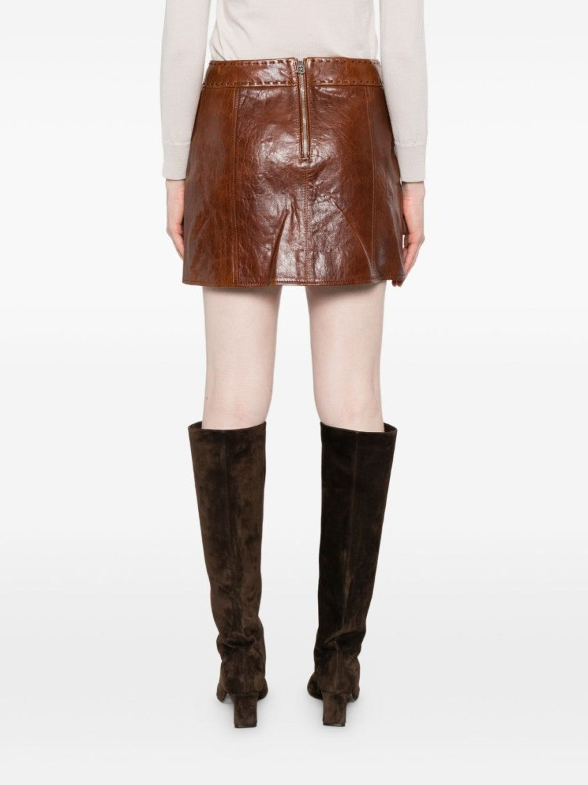 Ermanno Scervino Brown Leather Mini Skirt With Zip Pockets