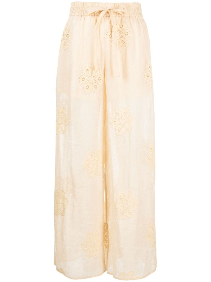 Zimmermann Acadian Floral-Embroidered Ramie Trousers