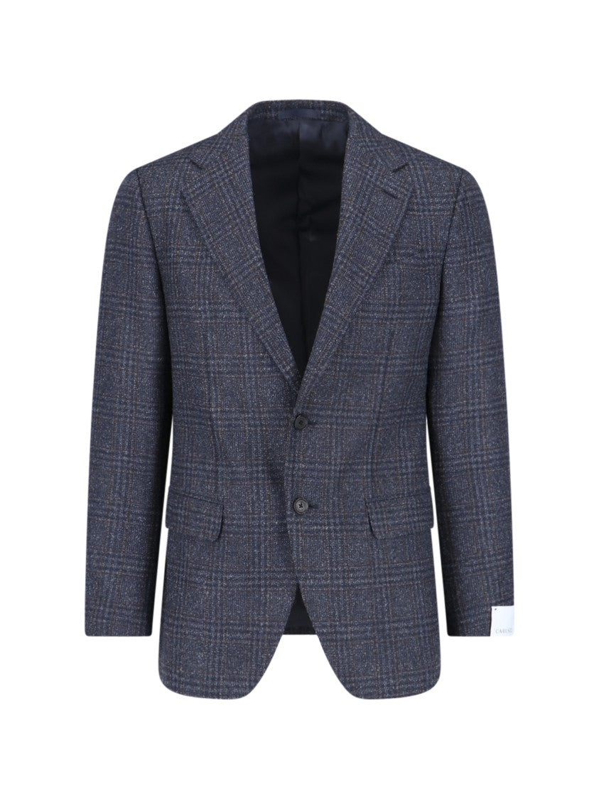 Caruso Blue Check Single-Breasted Wool-Blend Blazer
