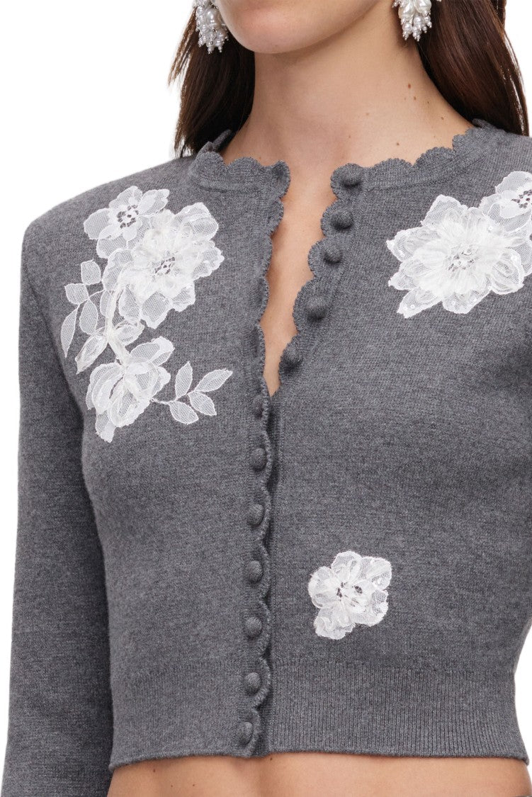 Self-Portrait Cropped Fitted Sweater With Scalloped Neckline And Floral Appliqués