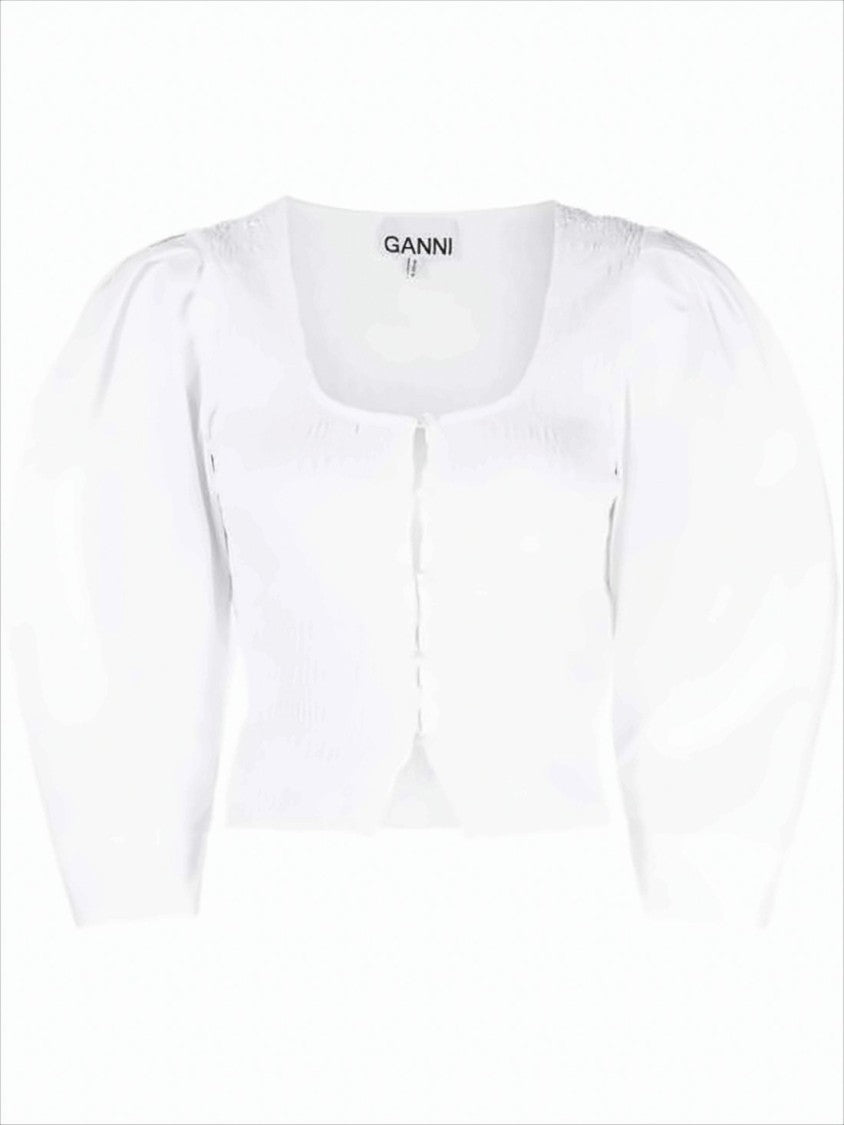 Ganni Fitted Cotton Blouse With Square Neckline And Voluminous Sleeves