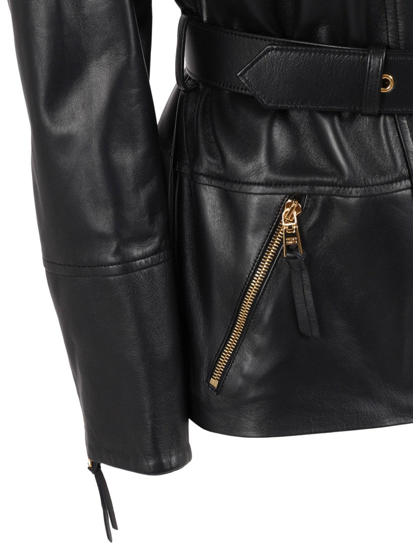 Elisabetta Franchi Fitted Sheepskin Leather Jacket With Belted Waist
