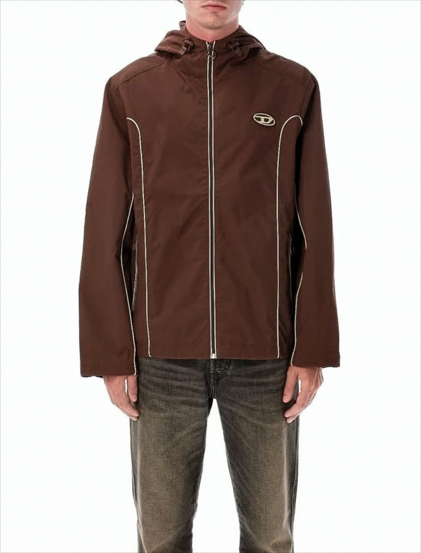 Diesel Brown Hooded Jacket With Piping Details