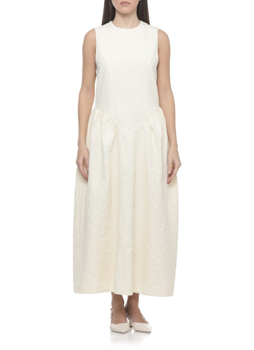 Rotate Ivory Jacquard Midi Dress With Embossed Floral Pattern