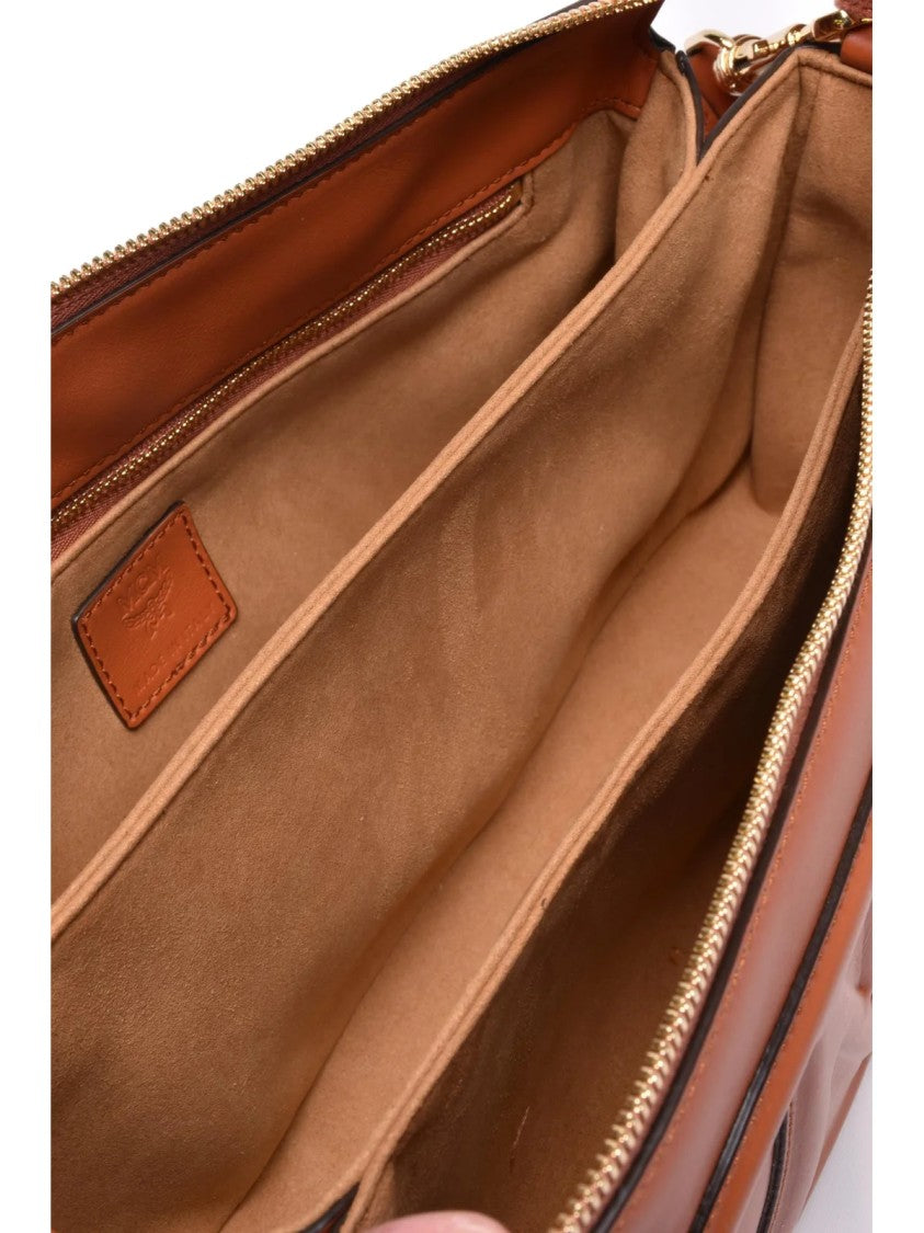 Mcm Brown Embossed Logo Leather Shoulder Bag