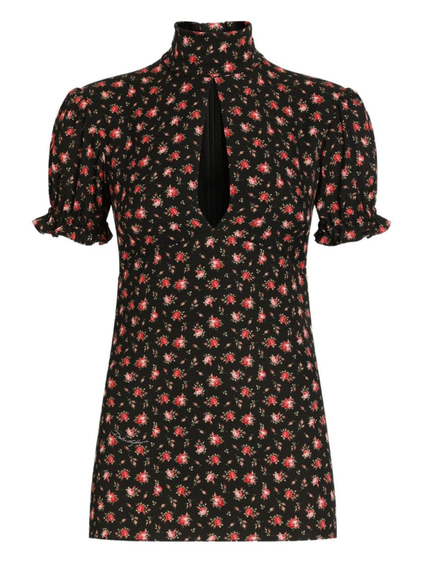 Dolce & Gabbana Black Floral Silk Blend Shirt With High Neckline And Puffed Sleeves
