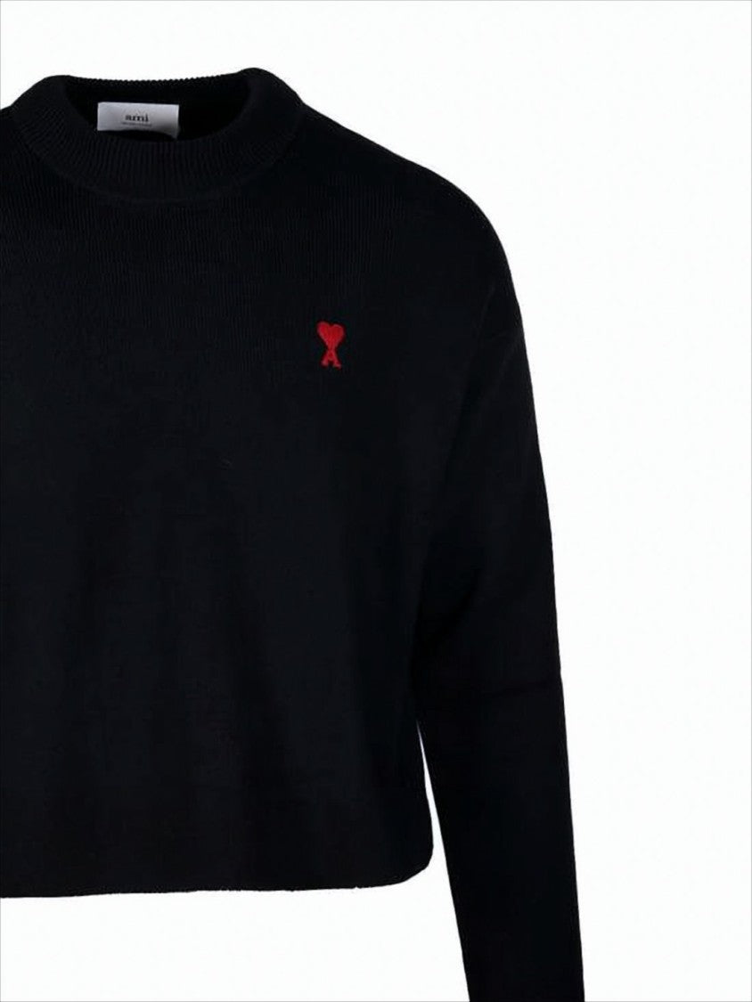 Ami Paris Cropped Black Sweater With Minimalist Design And Iconic Logo